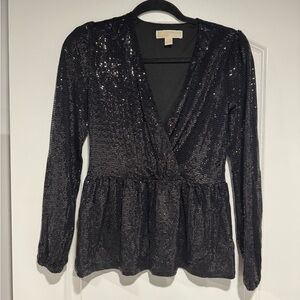 Michael Kors Black Sequin Wrap Peplum Blouse